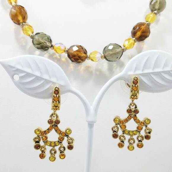 Joan Rivers Yellow Topaz Green Glass Bead Necklace & Post Drop Earrings, 1990s - Picture 2 of 10